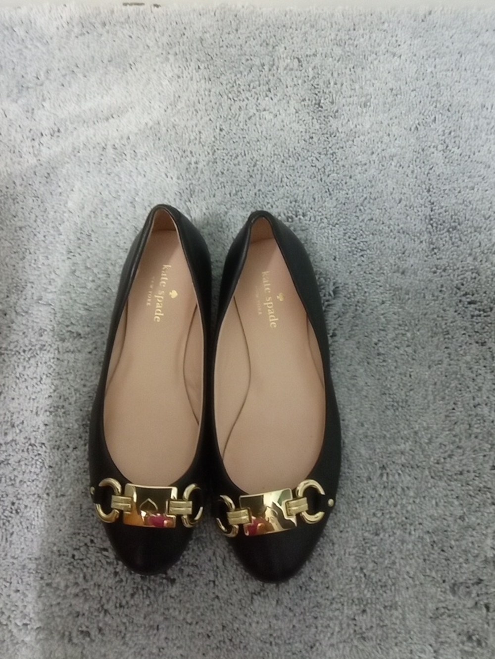 kate spade Black Leather Flats with Gold Buckle Accent
